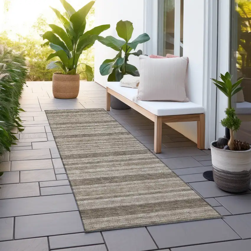 Taupe Striped Washable Indoor Outdoor Runner Rug Photo 6