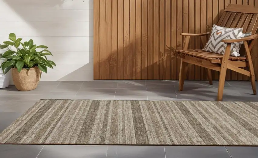 Taupe Striped Washable Indoor Outdoor Runner Rug Photo 1