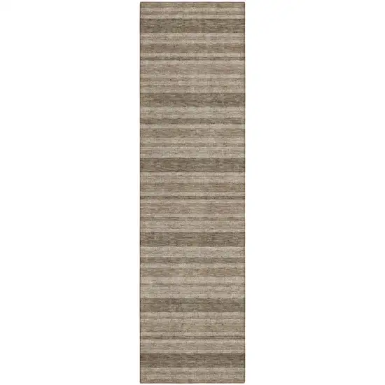 Taupe Striped Washable Indoor Outdoor Runner Rug Photo 2