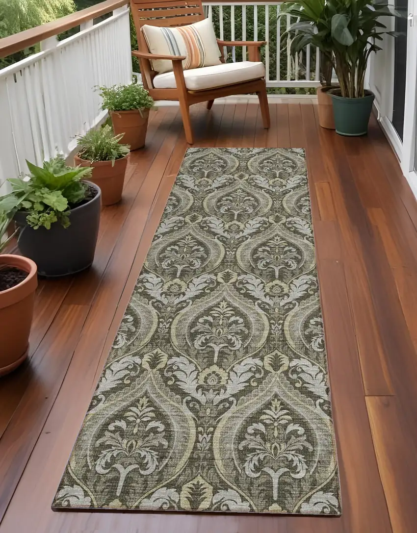 Taupe and Beige Damask Washable Non Skid Indoor Outdoor Runner Rug Photo 1