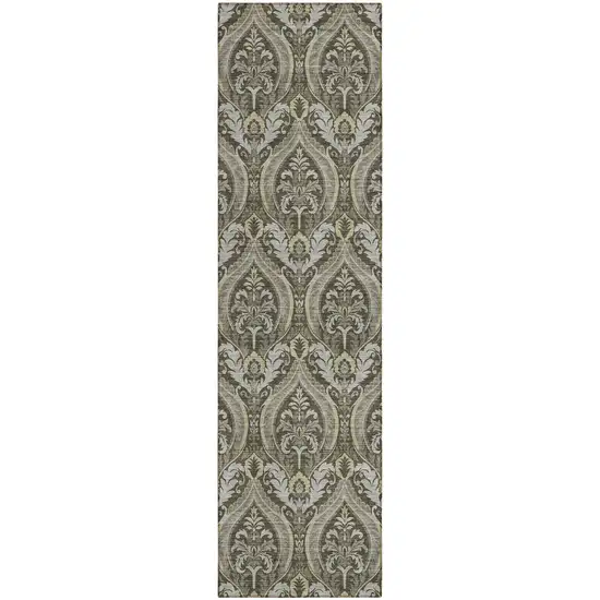 Taupe and Beige Damask Washable Non Skid Indoor Outdoor Runner Rug Photo 2