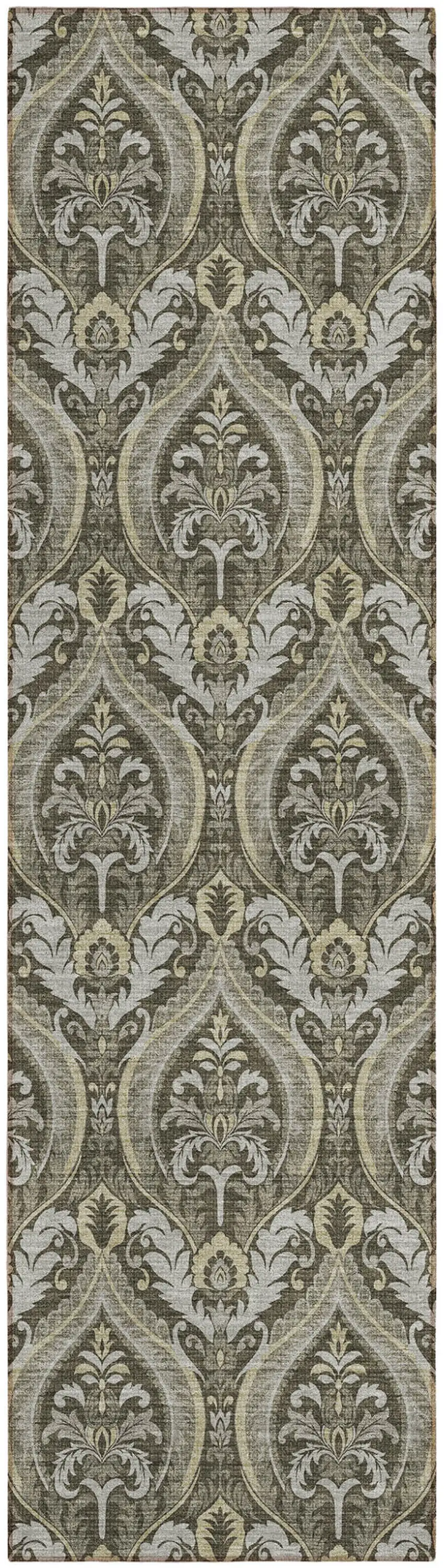 Taupe and Beige Damask Washable Non Skid Indoor Outdoor Runner Rug Photo 2