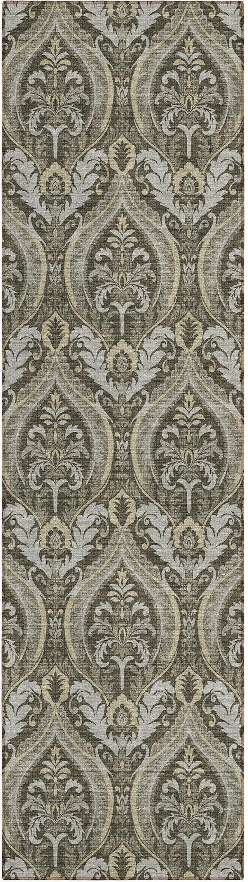Taupe and Beige Damask Washable Non Skid Indoor Outdoor Runner Rug Photo 2