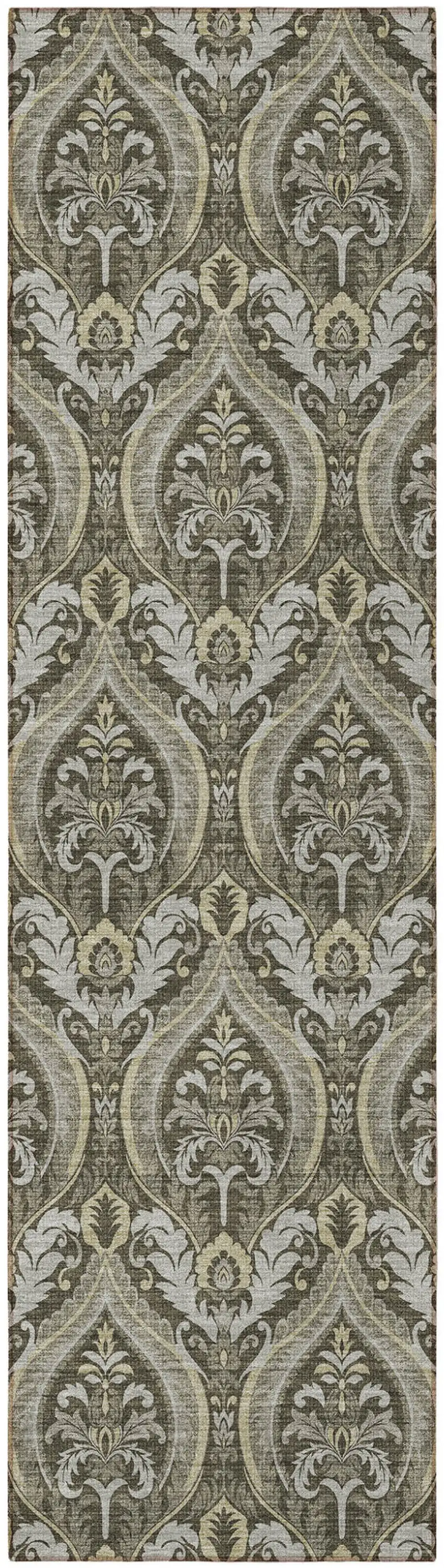 Taupe and Beige Damask Washable Non Skid Indoor Outdoor Runner Rug Photo 5
