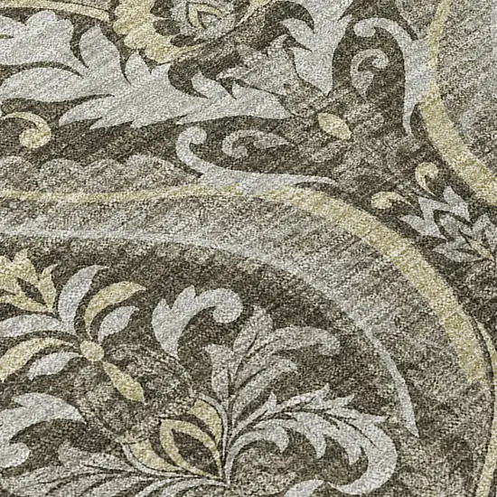 8' Taupe And Beige Damask Washable Indoor Outdoor Runner Rug Photo 8