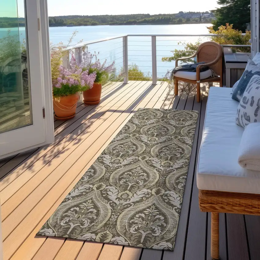 Taupe and Beige Damask Washable Non Skid Indoor Outdoor Runner Rug Photo 8