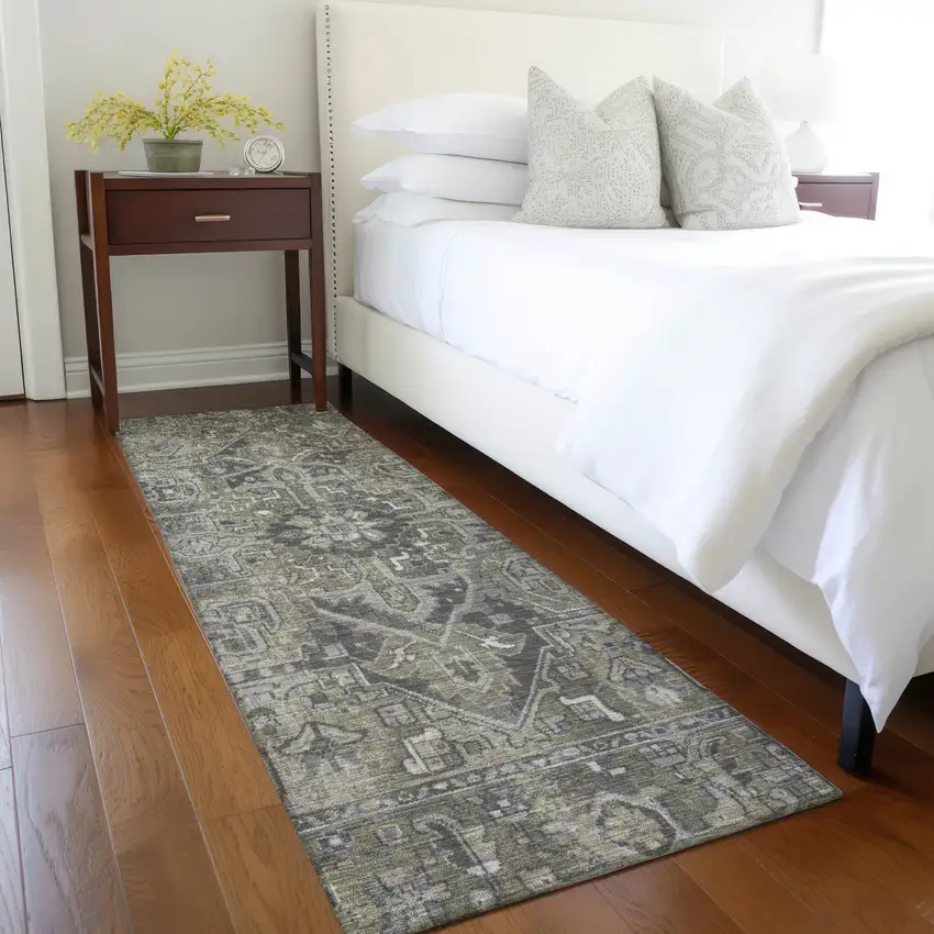 Taupe and Dark Taupe Oriental Washable Non Skid Indoor Outdoor Runner Rug Photo 9