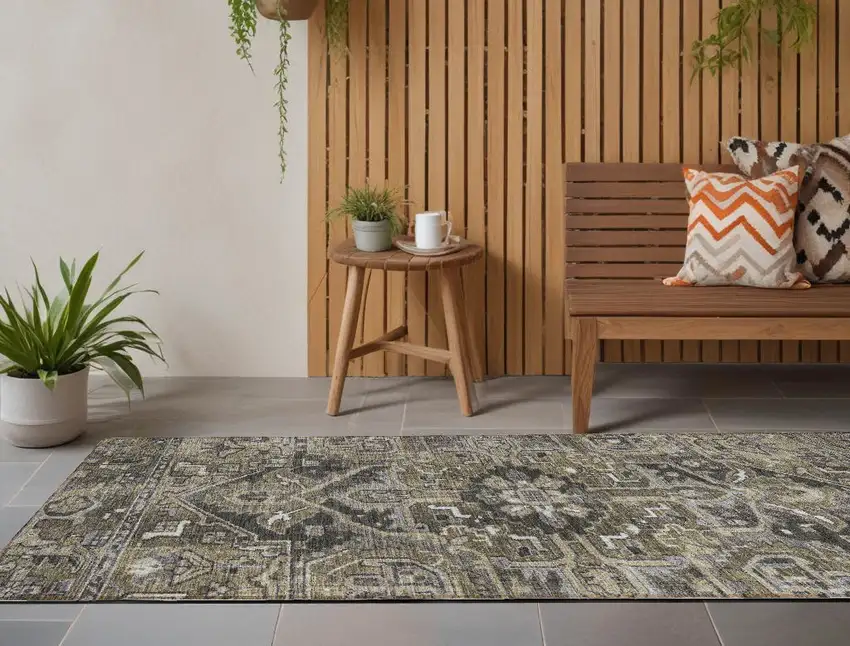 8' Runner Taupe and Dark Taupe Oriental Washable Non Skid Indoor Outdoor Runner Rug Photo 1