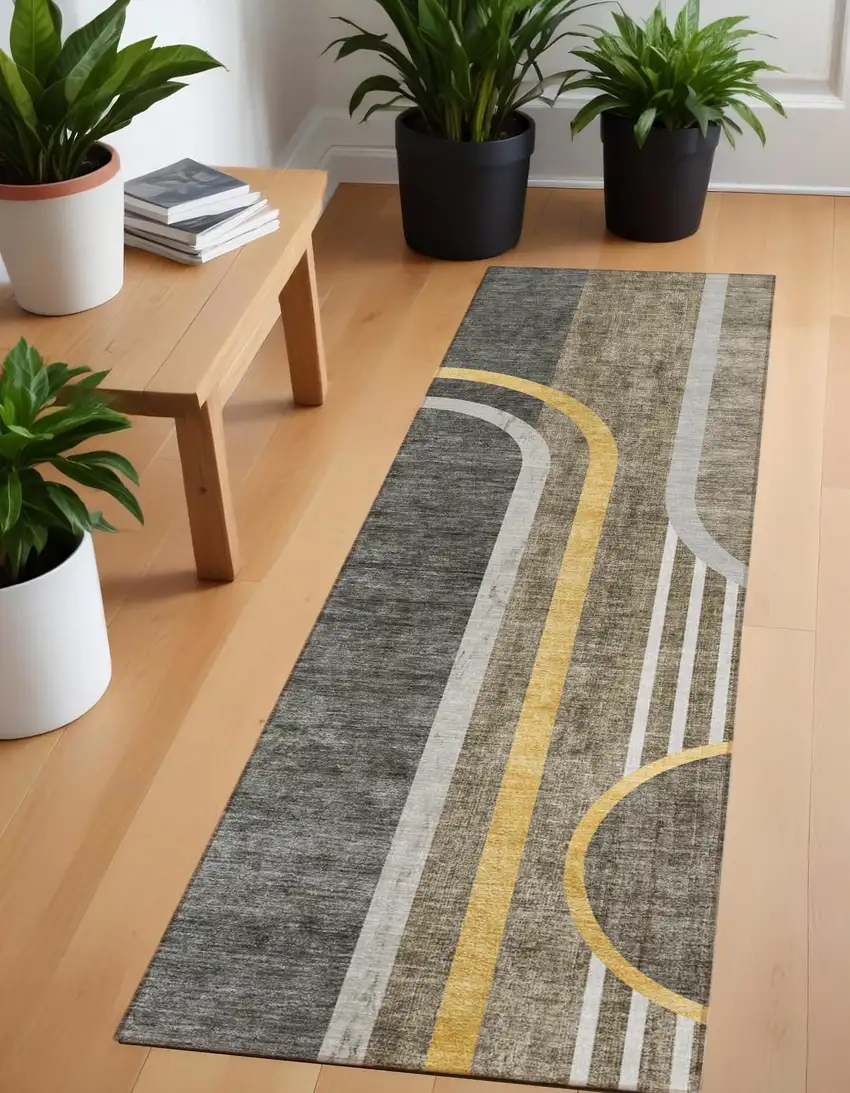 Gray Green and Gold Abstract Washable Non Skid Indoor Outdoor Area Rug Photo 1