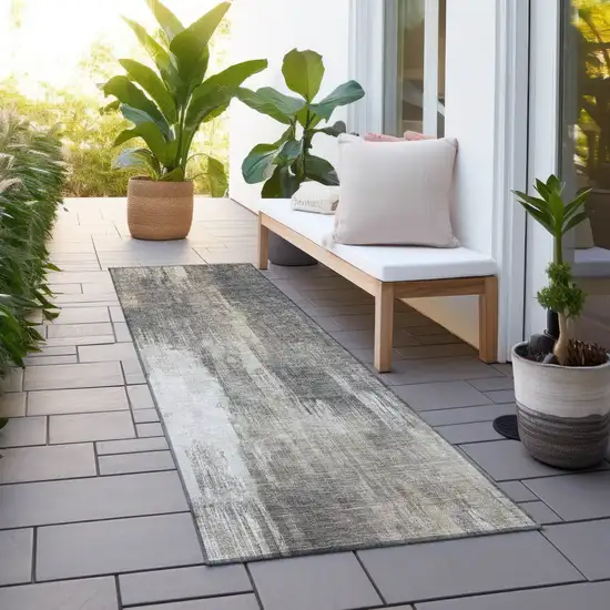 8' Taupe And Gray Abstract Washable Indoor Outdoor Runner Rug Photo 8