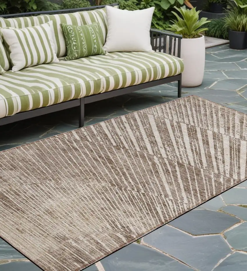 Taupe and Ivory Abstract Washable Non Skid Indoor Outdoor Runner Rug Photo 1