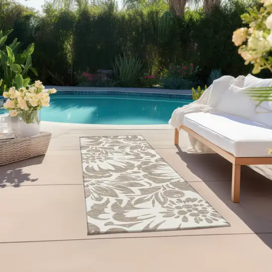 Taupe and Ivory Floral Washable Non Skid Indoor Outdoor Runner Rug Photo 6