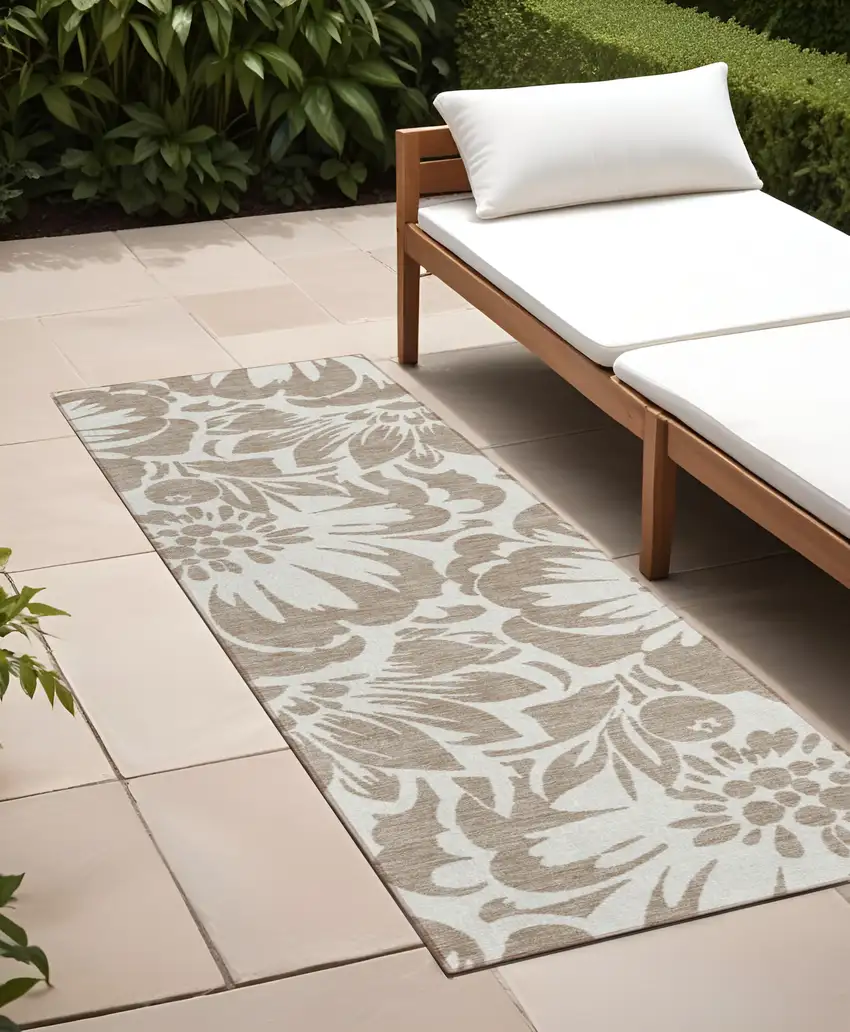 Taupe and Ivory Floral Washable Non Skid Indoor Outdoor Runner Rug Photo 1