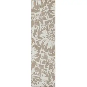 Photo of 8' Runner Taupe and Ivory Floral Washable Non Skid Indoor Outdoor Runner Rug