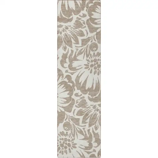 8' Runner Taupe and Ivory Floral Washable Non Skid Indoor Outdoor Runner Rug Photo 3