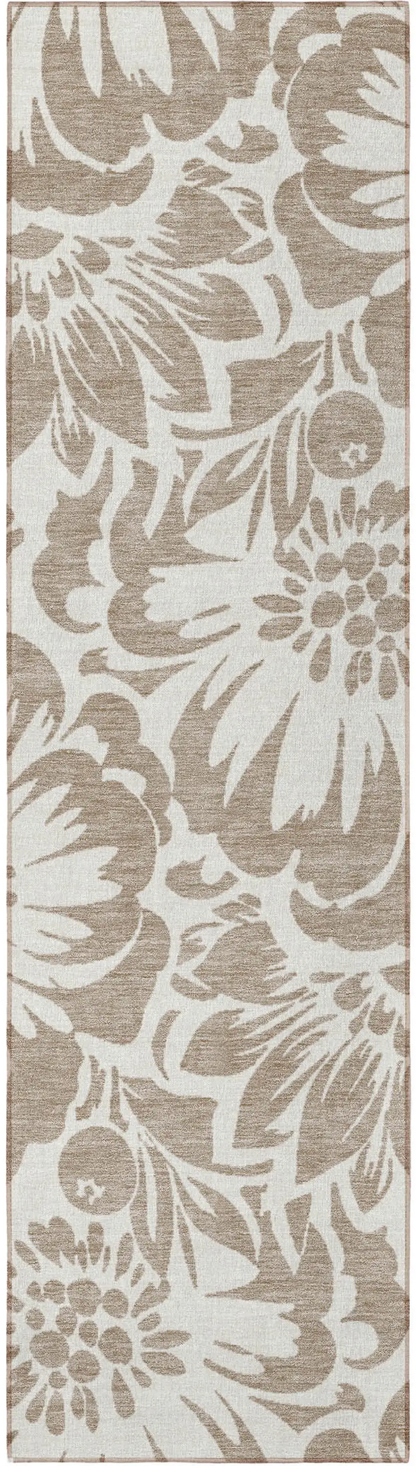 8' Runner Taupe and Ivory Floral Washable Non Skid Indoor Outdoor Runner Rug Photo 3