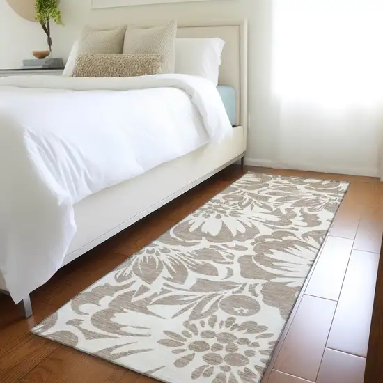 Taupe and Ivory Floral Washable Non Skid Indoor Outdoor Runner Rug Photo 7