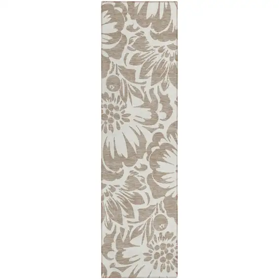 Taupe and Ivory Floral Washable Non Skid Indoor Outdoor Runner Rug Photo 2