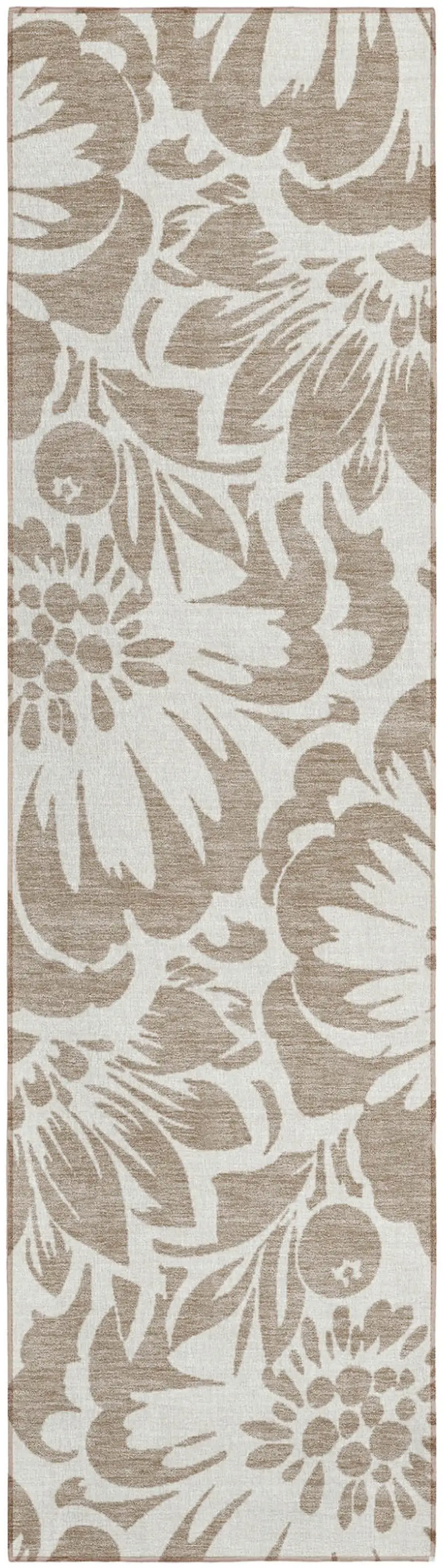 Taupe and Ivory Floral Washable Non Skid Indoor Outdoor Runner Rug Photo 2