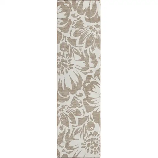 Taupe and Ivory Floral Washable Non Skid Indoor Outdoor Runner Rug Photo 2