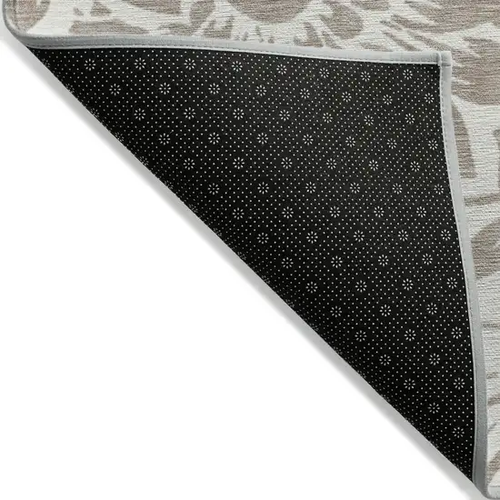 Taupe and Ivory Floral Washable Non Skid Indoor Outdoor Runner Rug Photo 4