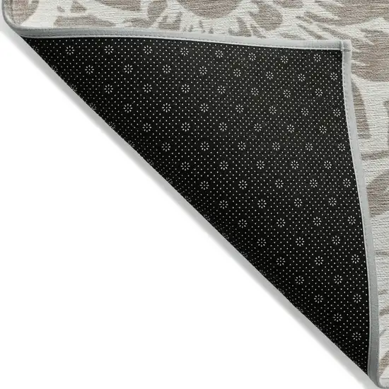 Taupe and Ivory Floral Washable Non Skid Indoor Outdoor Runner Rug Photo 4