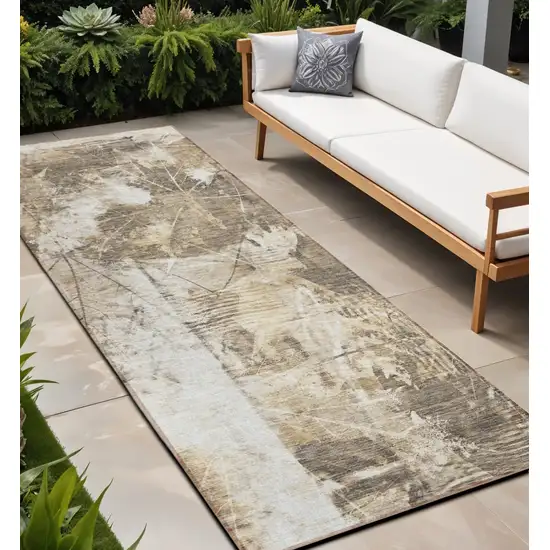 Taupe and Ivory Floral Washable Non Skid Indoor Outdoor Runner Rug Photo 1