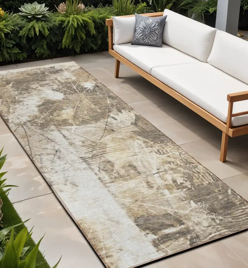 Taupe and Ivory Floral Washable Non Skid Indoor Outdoor Runner Rug Photo 1