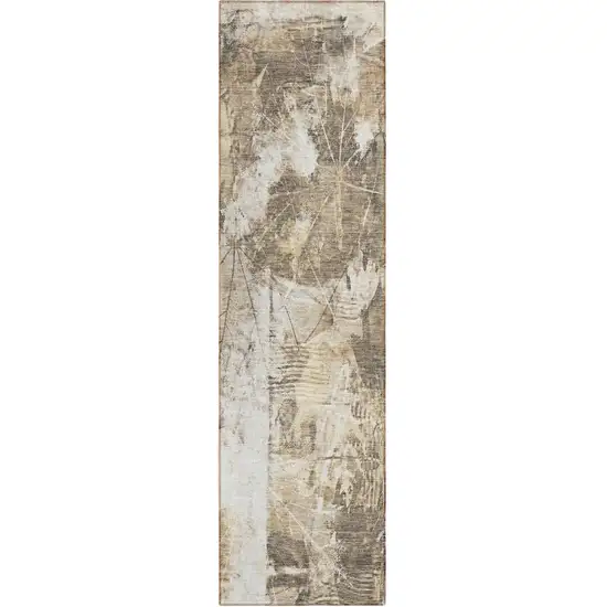 Taupe and Ivory Floral Washable Non Skid Indoor Outdoor Runner Rug Photo 2