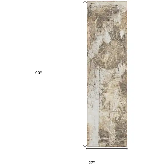 Taupe and Ivory Floral Washable Non Skid Indoor Outdoor Runner Rug Photo 3