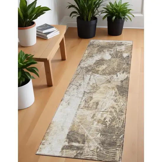 Taupe and Ivory Floral Washable Non Skid Indoor Outdoor Runner Rug Photo 1