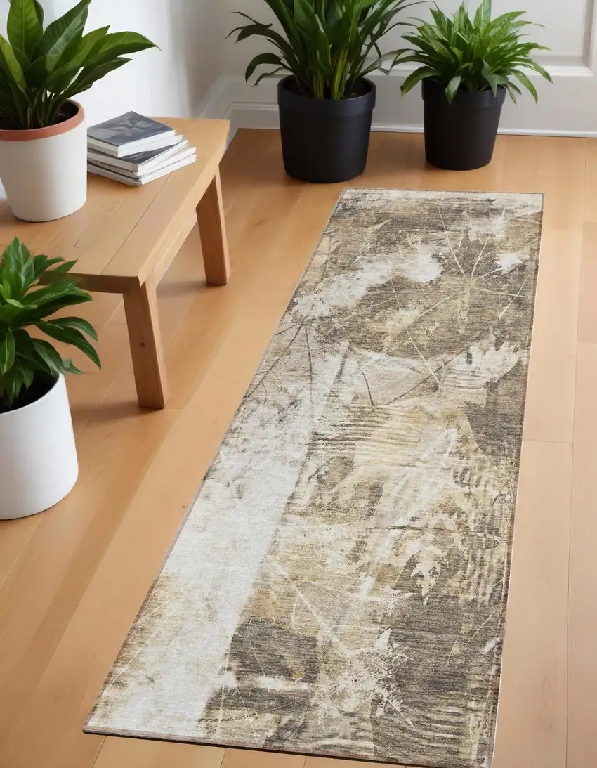 Taupe and Ivory Floral Washable Non Skid Indoor Outdoor Runner Rug Photo 1