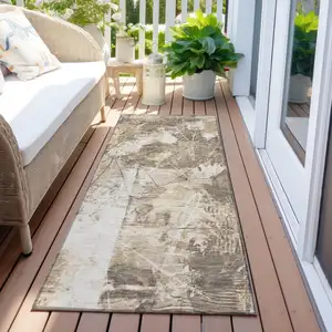 Photo of 8' Runner Taupe and Ivory Floral Washable Non Skid Indoor Outdoor Runner Rug