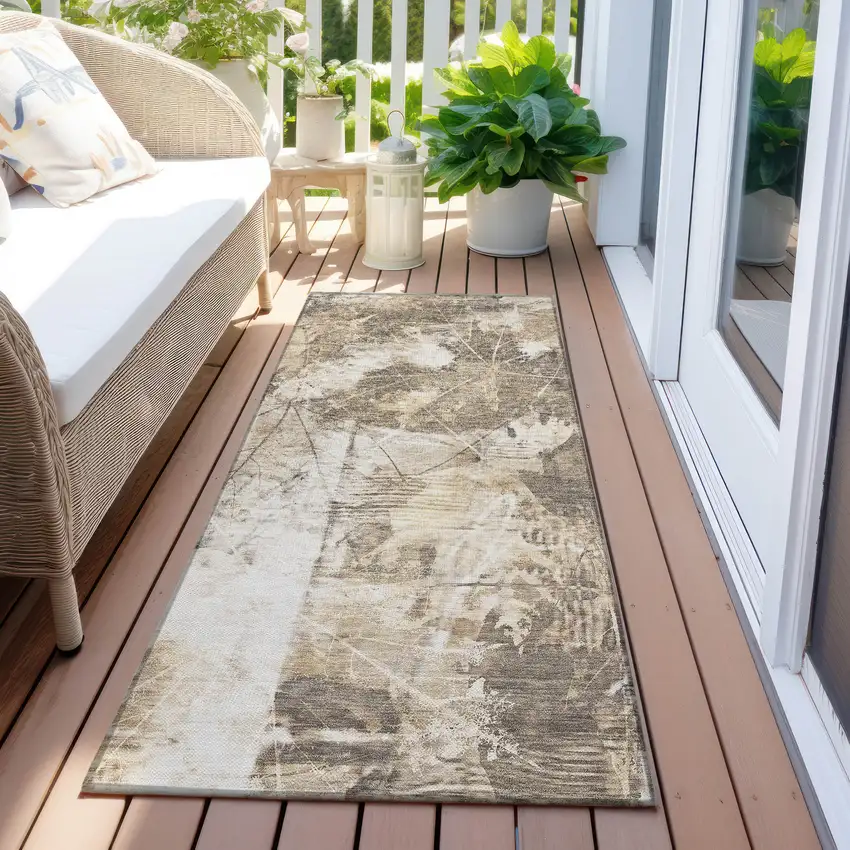 8' Runner Taupe and Ivory Floral Washable Non Skid Indoor Outdoor Runner Rug Photo 8