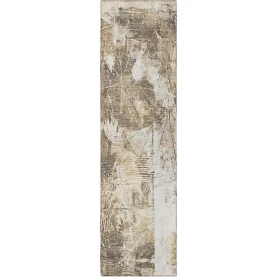 Taupe and Ivory Floral Washable Non Skid Indoor Outdoor Runner Rug Photo 4