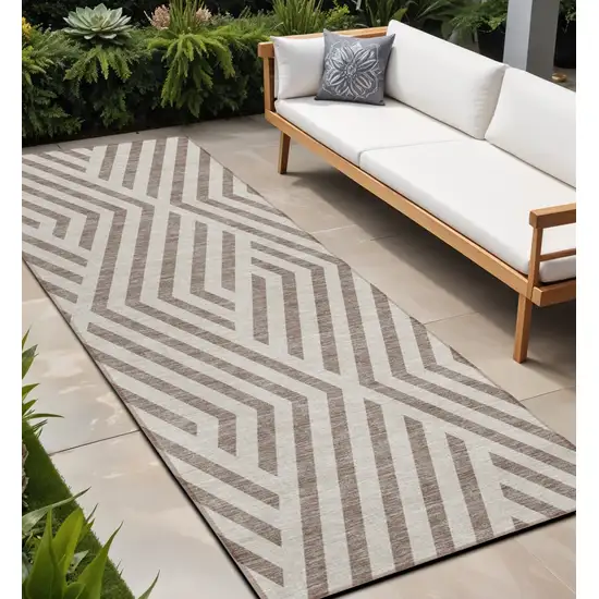 Taupe and Ivory Geometric Washable Non Skid Indoor Outdoor Runner Rug Photo 1