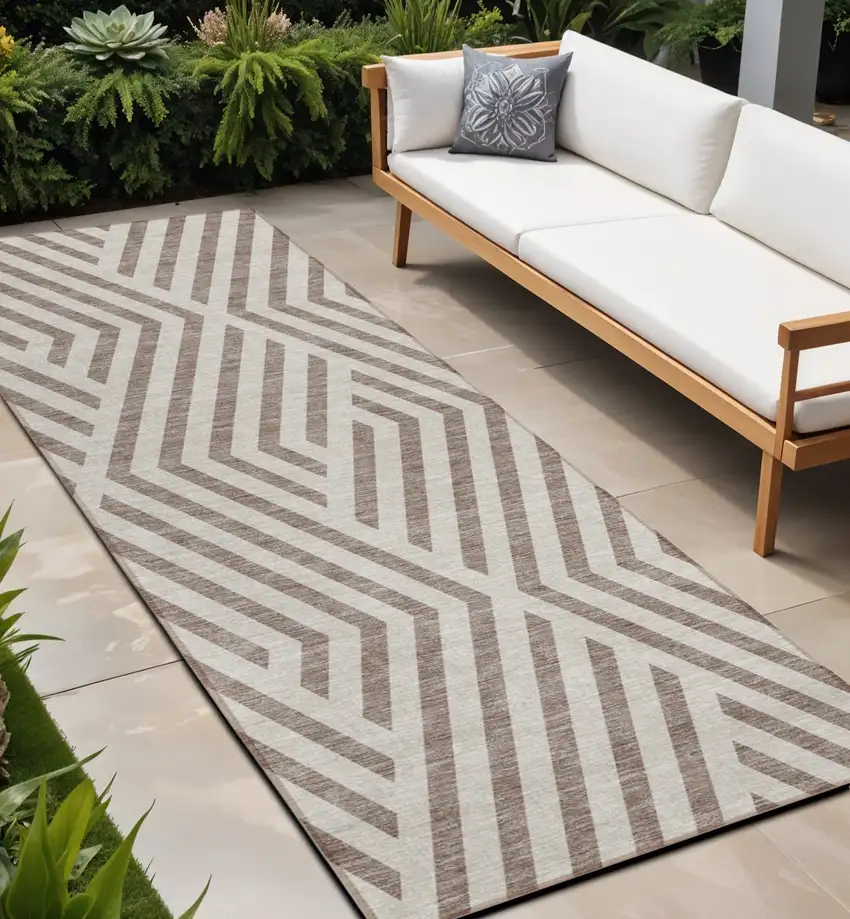 Taupe and Ivory Geometric Washable Non Skid Indoor Outdoor Runner Rug Photo 1