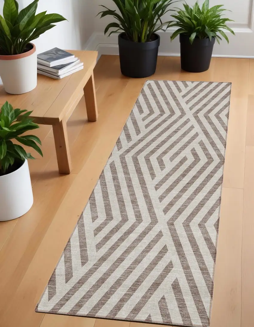 8' Runner Taupe and Ivory Geometric Washable Non Skid Indoor Outdoor Runner Rug Photo 1