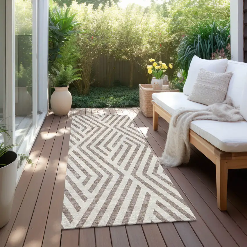 Taupe and Ivory Geometric Washable Non Skid Indoor Outdoor Runner Rug Photo 9