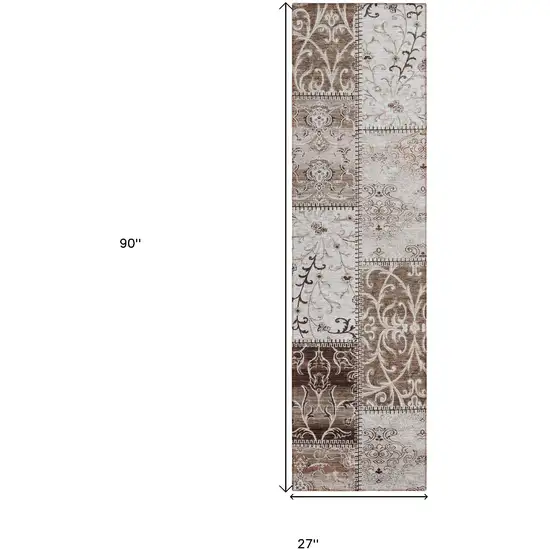 Taupe and Ivory Patchwork Washable Non Skid Indoor Outdoor Runner Rug Photo 3