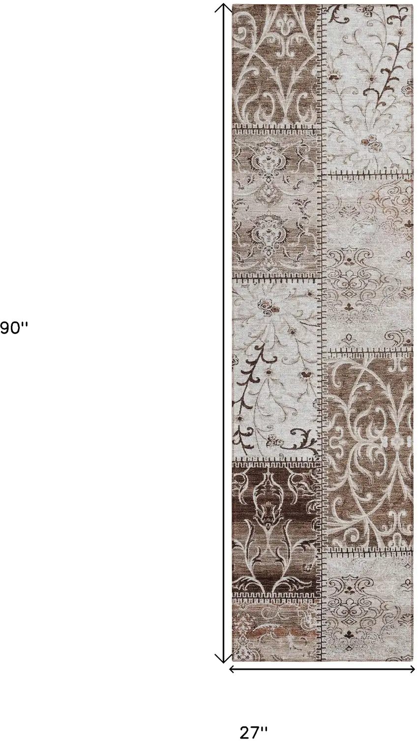 Taupe and Ivory Patchwork Washable Non Skid Indoor Outdoor Runner Rug Photo 3