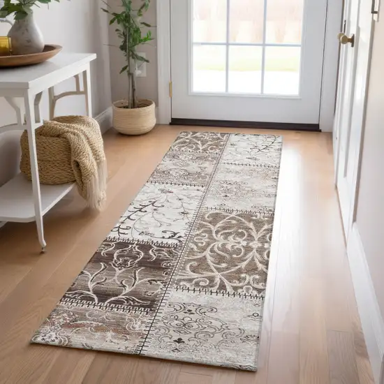 Taupe and Ivory Patchwork Washable Non Skid Indoor Outdoor Runner Rug Photo 9