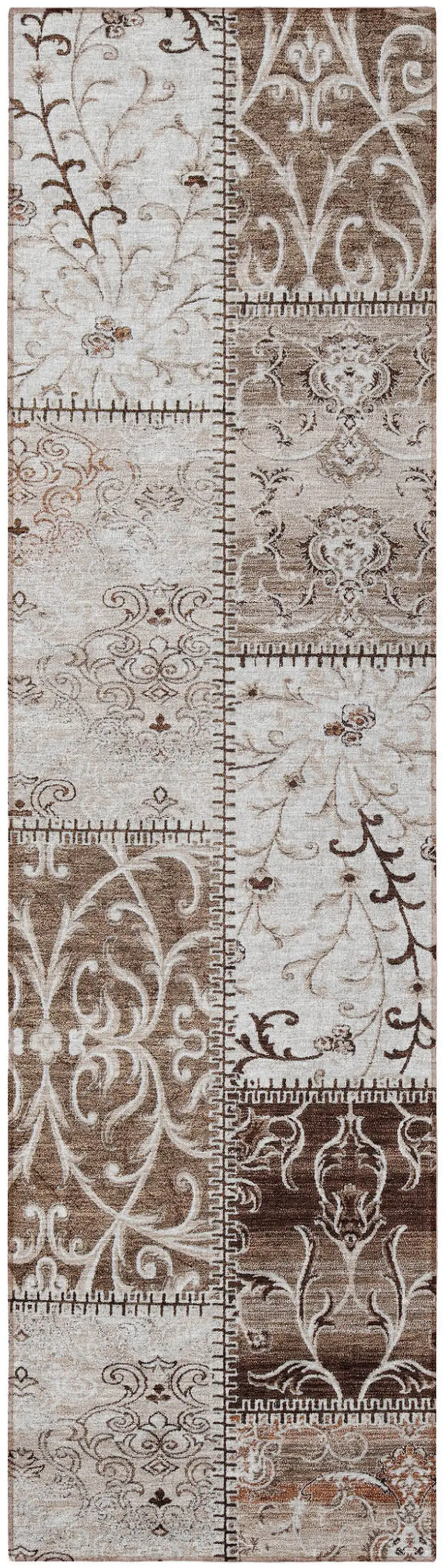 Taupe and Ivory Patchwork Washable Non Skid Indoor Outdoor Runner Rug Photo 4