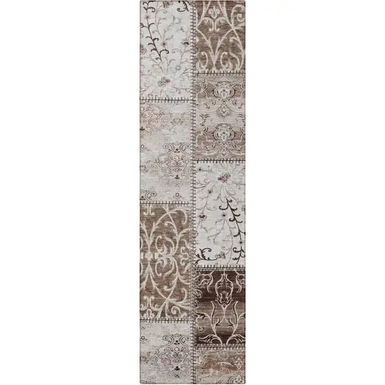 Taupe and Ivory Patchwork Washable Non Skid Indoor Outdoor Runner Rug Photo 5