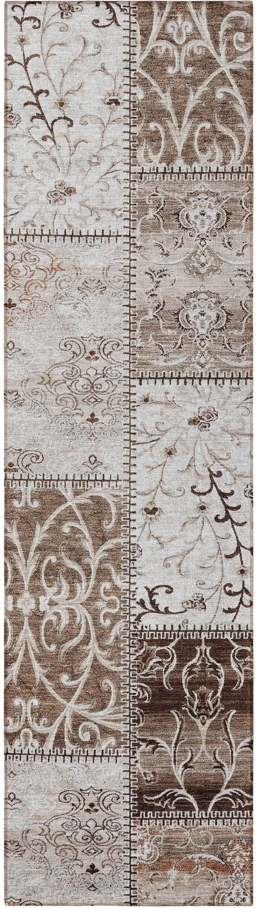 Taupe and Ivory Patchwork Washable Non Skid Indoor Outdoor Runner Rug Photo 5