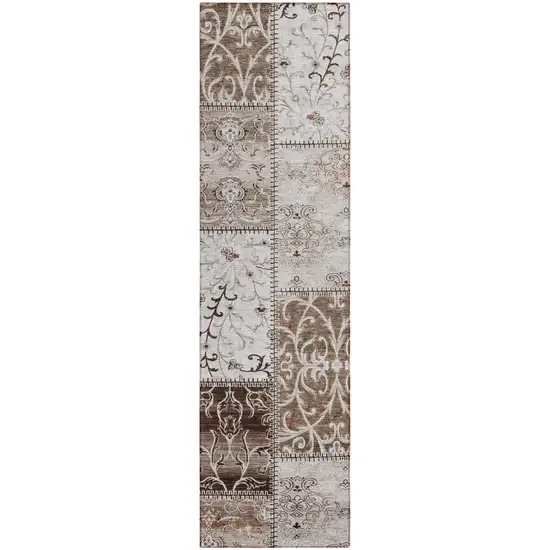 Taupe and Ivory Patchwork Washable Non Skid Indoor Outdoor Runner Rug Photo 2