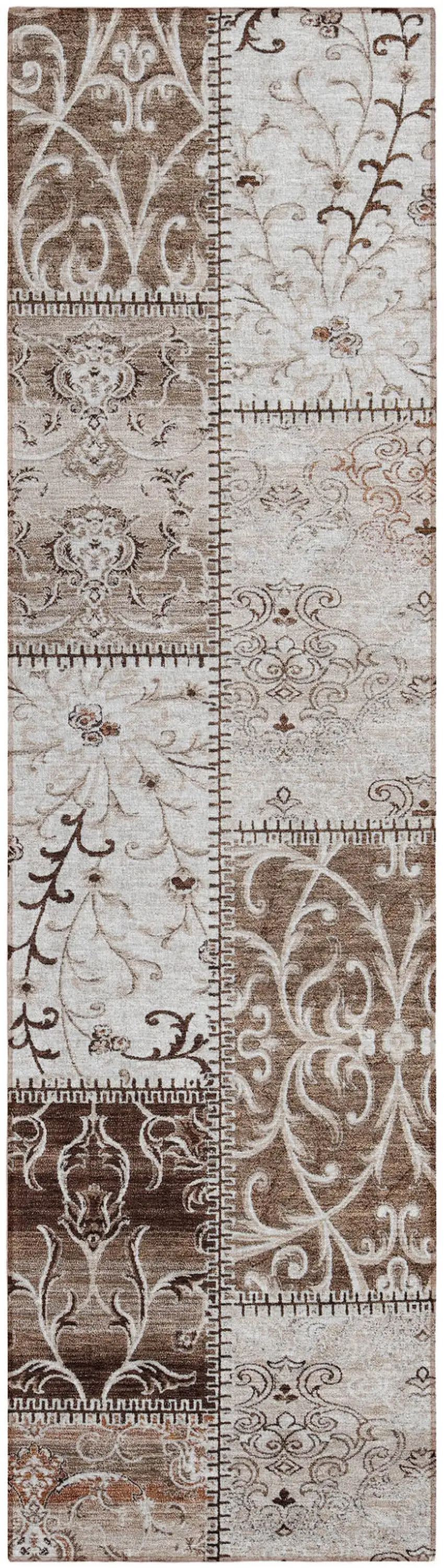 Taupe and Ivory Patchwork Washable Non Skid Indoor Outdoor Runner Rug Photo 2