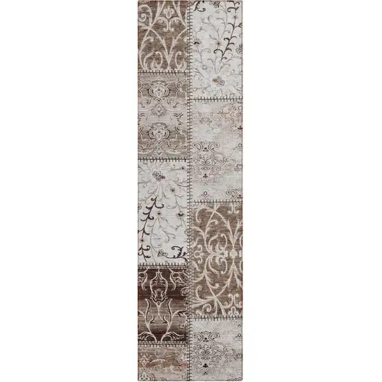 Taupe and Ivory Patchwork Washable Non Skid Indoor Outdoor Runner Rug Photo 2
