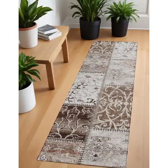 Taupe and Ivory Patchwork Washable Non Skid Indoor Outdoor Runner Rug Photo 1