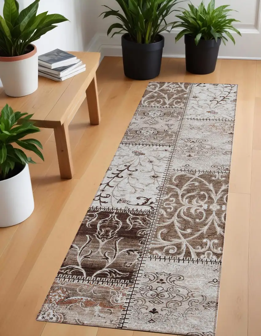Taupe and Ivory Patchwork Washable Non Skid Indoor Outdoor Runner Rug Photo 1